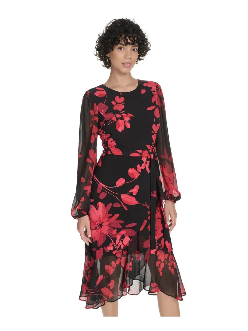 Women’s Red Floral Long-Sleeve Midi Dress -Size 2P